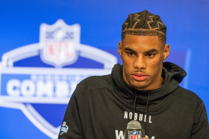 Mar 1, 2024; Indianapolis, IN, USA; Florida State wide receiver Keon Coleman (WO04) talks to the media during the 2024 NFL Combine at Lucas Oil Stadium. Mandatory Credit: Trevor Ruszkowski-USA TODAY Sports