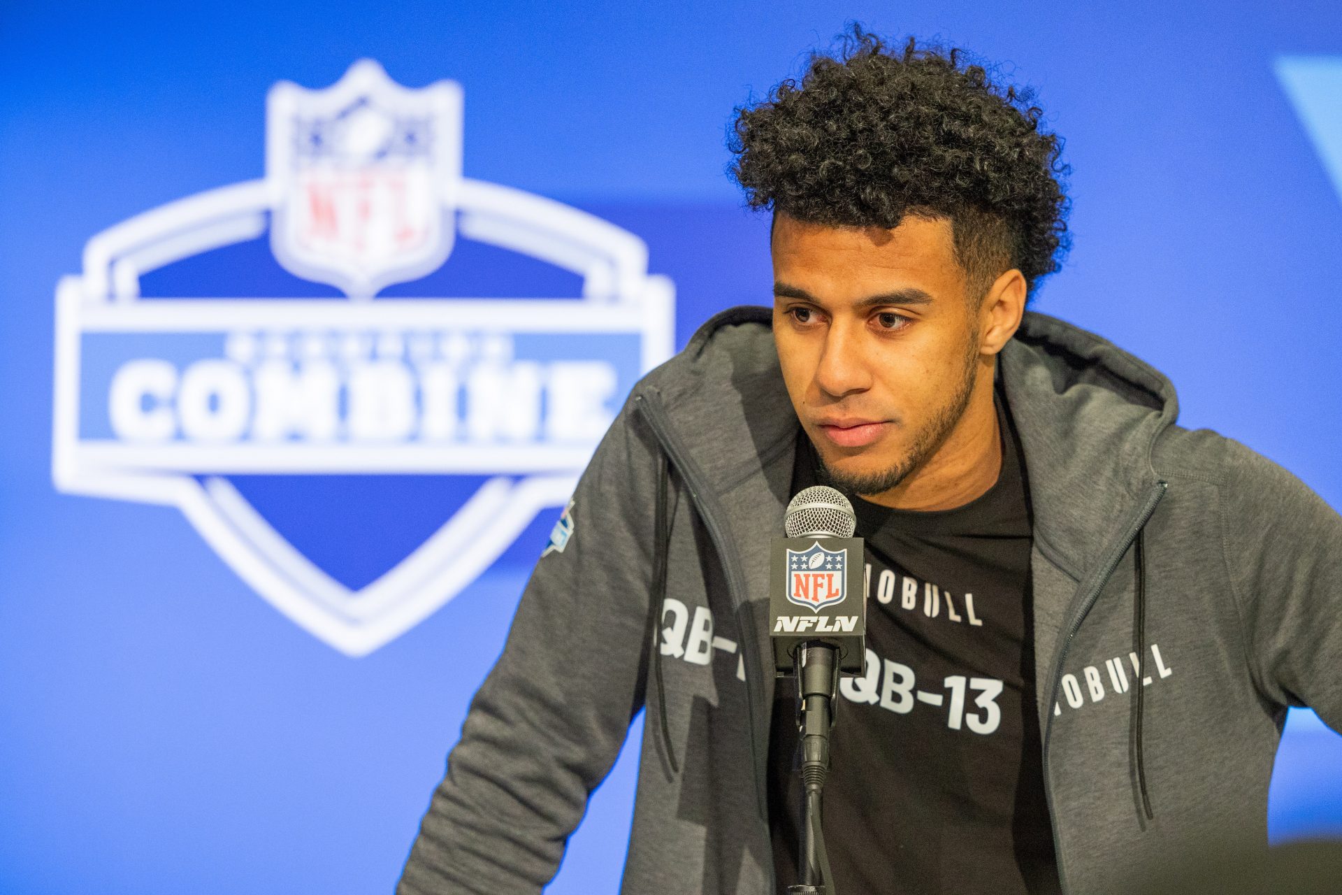 Mar 1, 2024; Indianapolis, IN, USA; Florida State quarterback Jordan Travis (QB13) talks to the media during the 2024 NFL Combine at Lucas Oil Stadium. Mandatory Credit: Trevor Ruszkowski-USA TODAY Sports