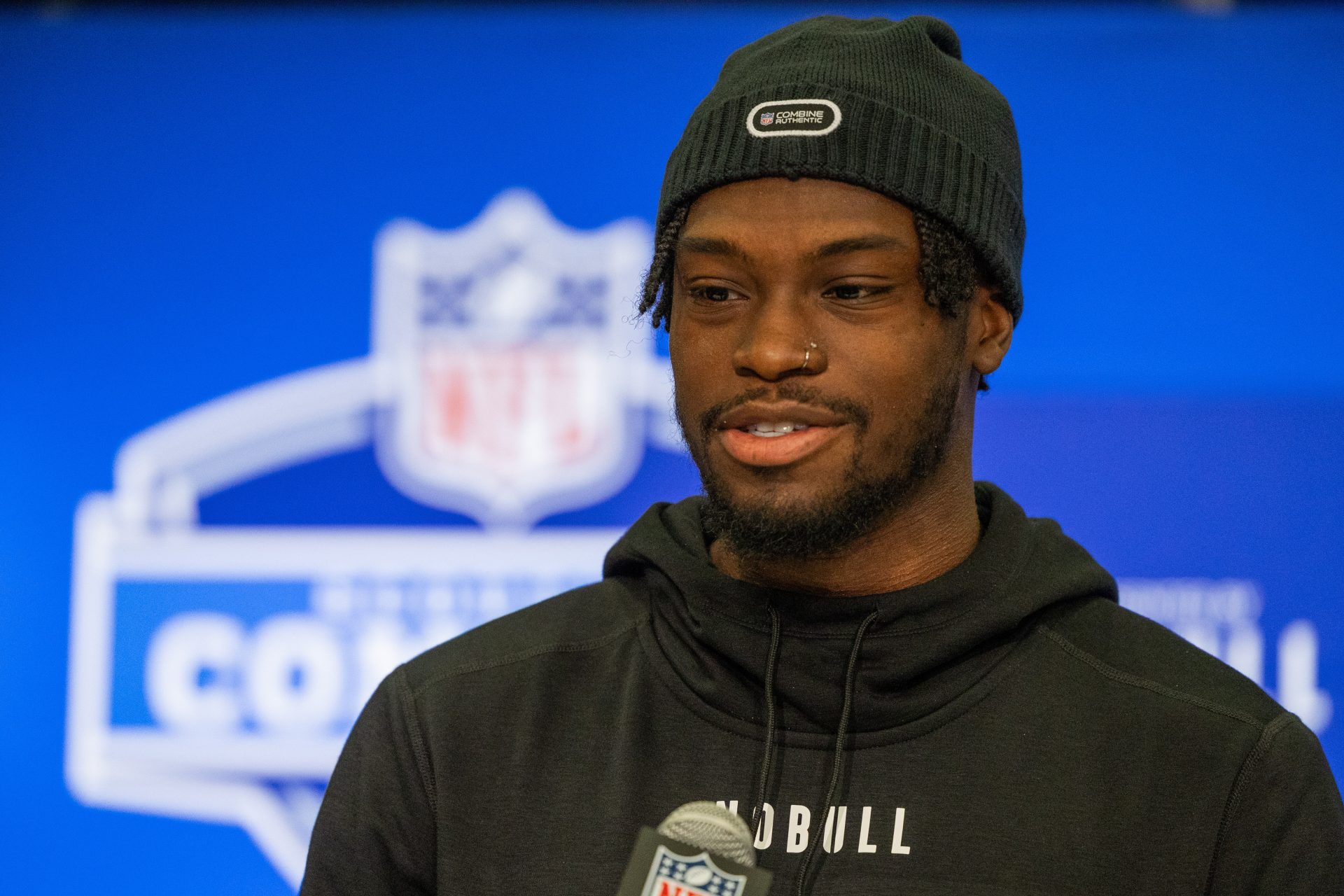 Mar 1, 2024; Indianapolis, IN, USA; North Carolina wide receiver Tez Walker (WO32) talks to the media during the 2024 NFL Combine at Lucas Oil Stadium. Mandatory Credit: Trevor Ruszkowski-USA TODAY Sports