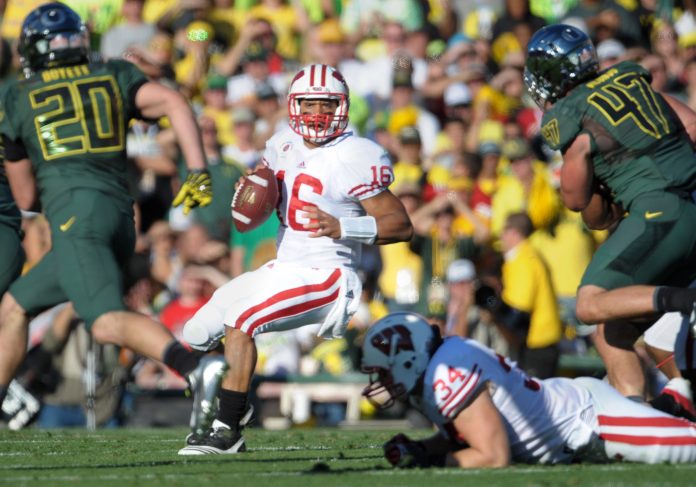 Jan 2, 2012; Pasadena, CA, USA; Wisconsin Badgers quarterback Russell Wilson (16) during the 2012 Rose Bowl game against the Oregon Ducks at the Rose Bowl. Mandatory Credit: Kirby Lee-Image of Sport-USA TODAY Sports