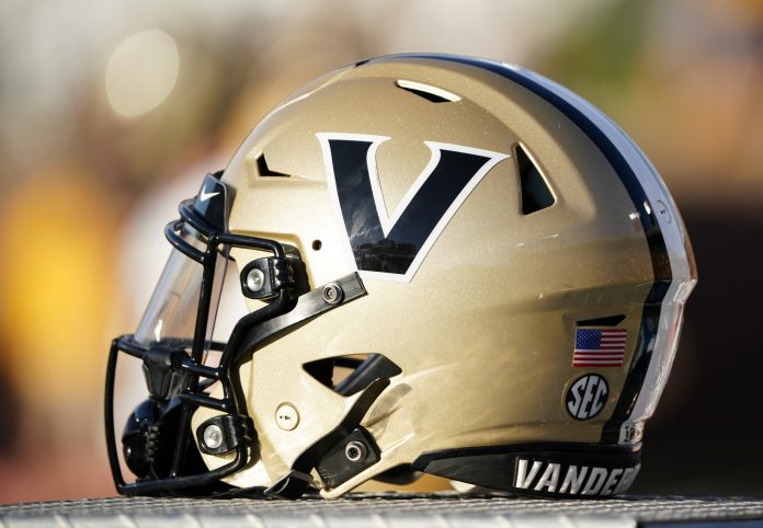 A detail view of a Vanderbilt Commodores helmet against the Missouri Tigers during the second half of the game at Faurot Field at Memorial Stadium.