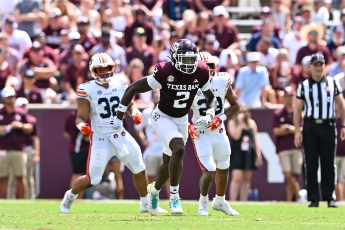 Texas A&M Aggies defensive back Jacoby Mathews (2) runs down field during the third quarter against the Auburn Tigers at Kyle Field.