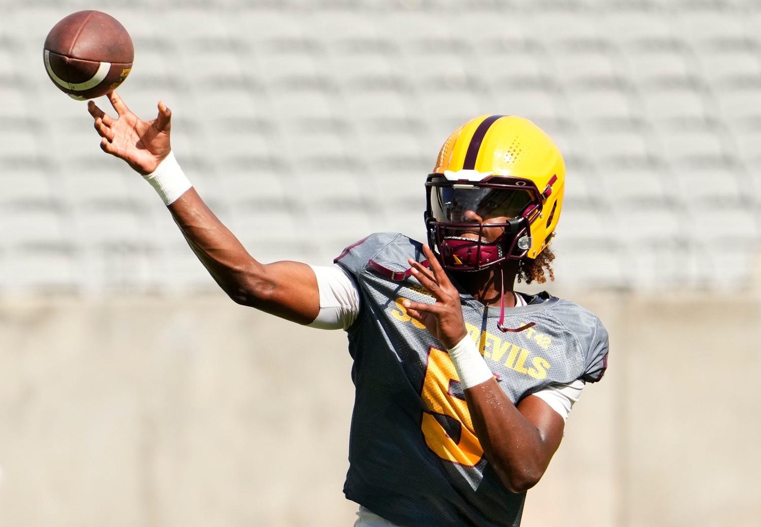 Arizona State quarterback Jaden Rashada (5) during football practice at Mountain America Stadium.