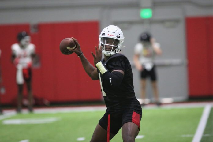 Ball State football backup quarterback Kiael Kelly during the team's training camp practice at the Scheumann Family Indoor Practice Facility.