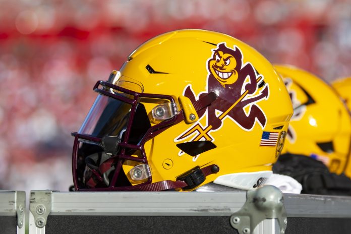 Detailed view of an Arizona State Sun Devils helmet during the Territorial Cup at Arizona Stadium.
