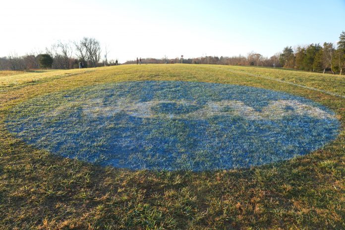 The NCAA logo on the course at the NCAA cross country championships at Panorama Farms.