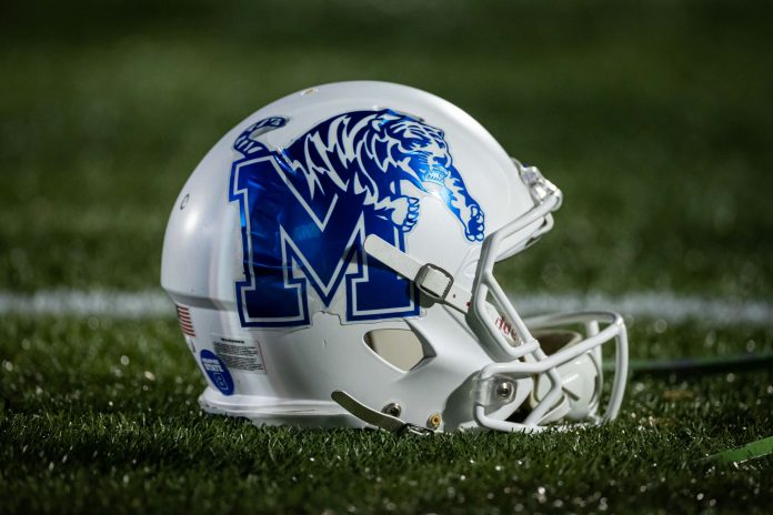 A Memphis Tigers helmet is seen on the sidelines during the first half of the game against the Navy Midshipmen at Navy-Marine Corps Memorial Stadium.