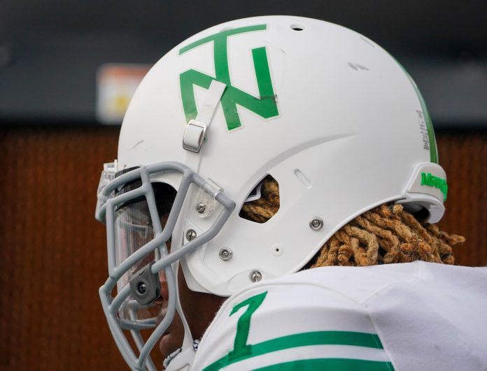 A general view of a North Texas Mean Green helmet against the Missouri Tigers during the game at Faurot Field at Memorial Stadium.