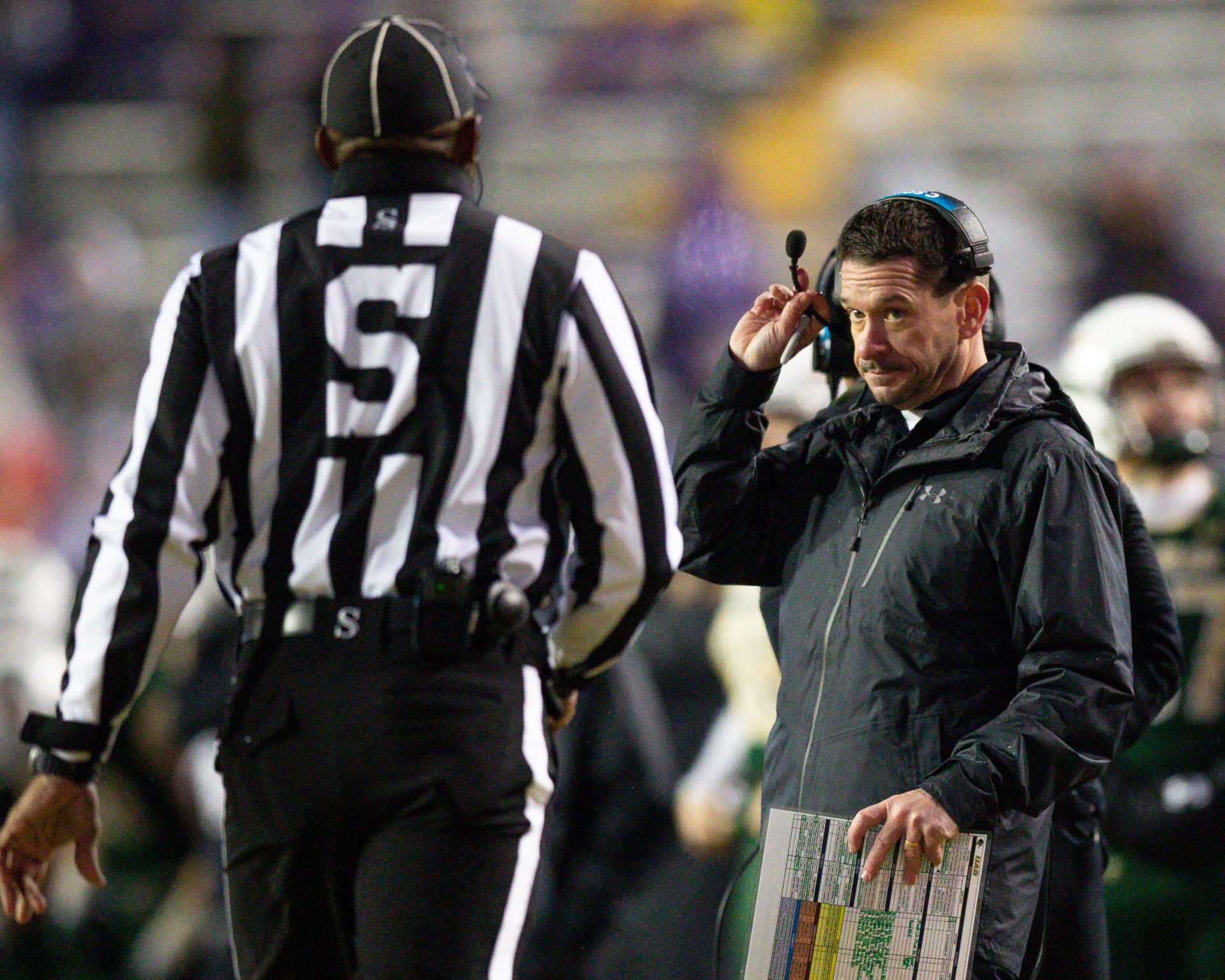 Nov 19, 2022; Baton Rouge, Louisiana, USA; UAB Blazers interim head coach Bryant Vincent talks to the side judge against the LSU Tigers during the second half at Tiger Stadium. Mandatory Credit: Stephen Lew-USA TODAY Sports