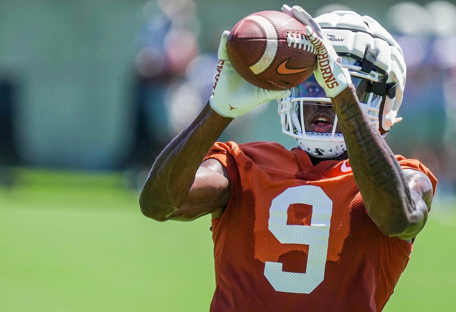 Texas Longhorn wide receiver Isaiah Neyor (9) catches the ball during their secod day of preseason practice at the Denius Fields on Thursday, Aug. 3, 2023.