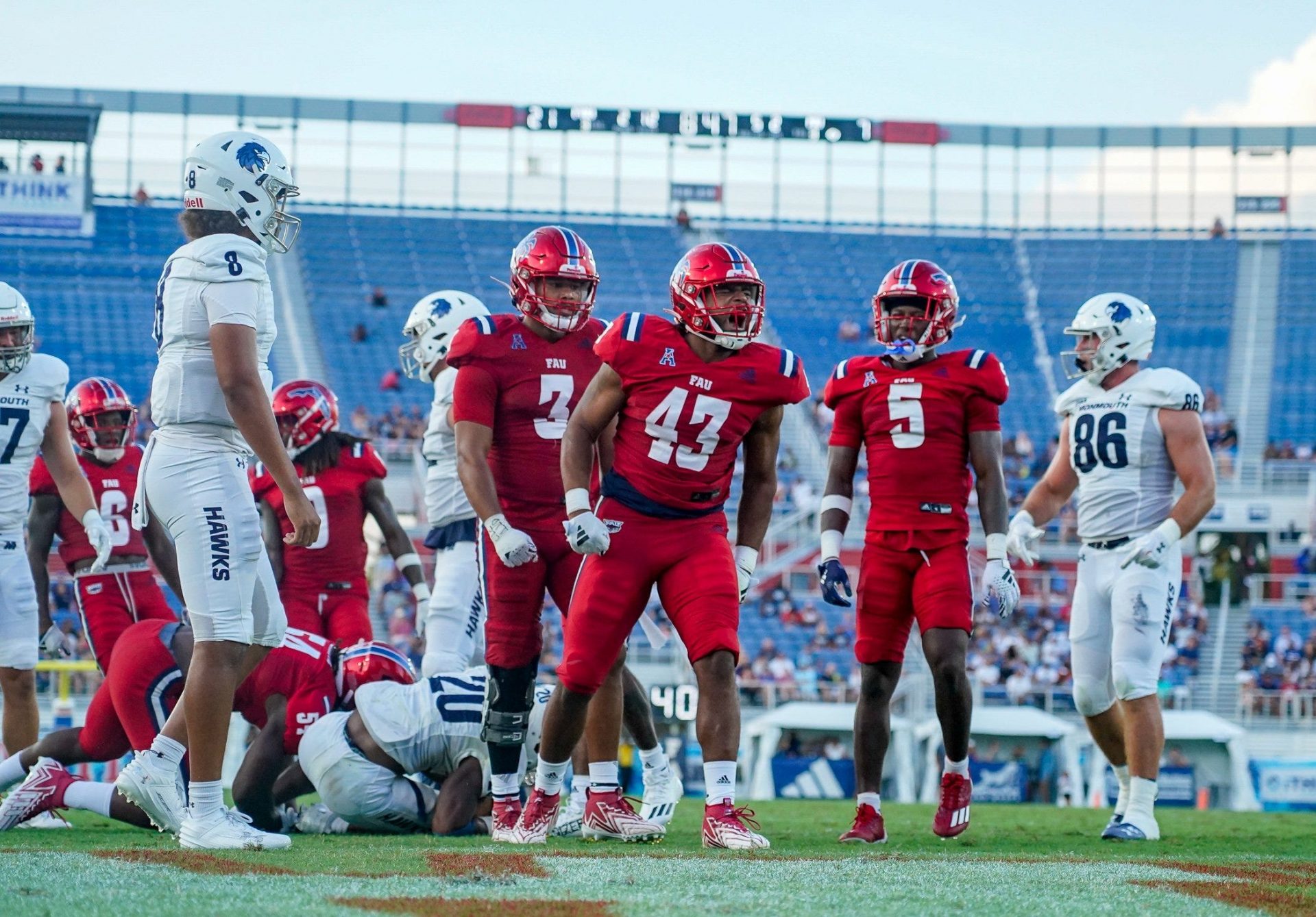 Florida Atlantic linebacker Jackson Ambush (43) celebrates a tackle during a 42-20 victory over Monmouth at FAU Stadium on Saturday, September 2, 2023, in Boca Raton, FL.