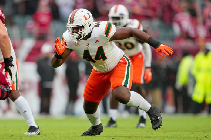 Sep 23, 2023; Philadelphia, Pennsylvania, USA; Miami Hurricanes defensive lineman Rueben Bain Jr. (44) rushes in the second half against the Temple Owls at Lincoln Financial Field. Mandatory Credit: Andy Lewis-USA TODAY Sports