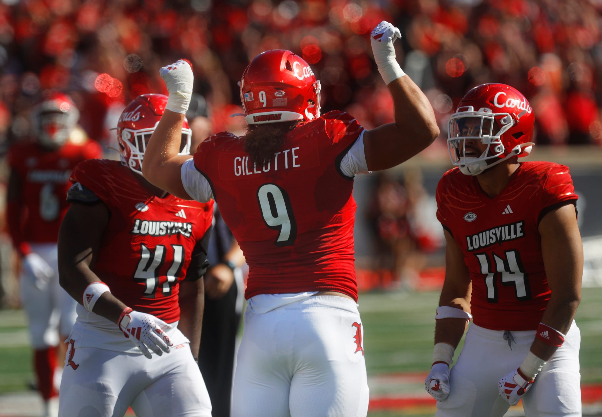 Louisville’s Ashton Gillotte celebrates getting a sack against Boston College Saturday afternoon in L & N Stadium. Sept. 23, 2023