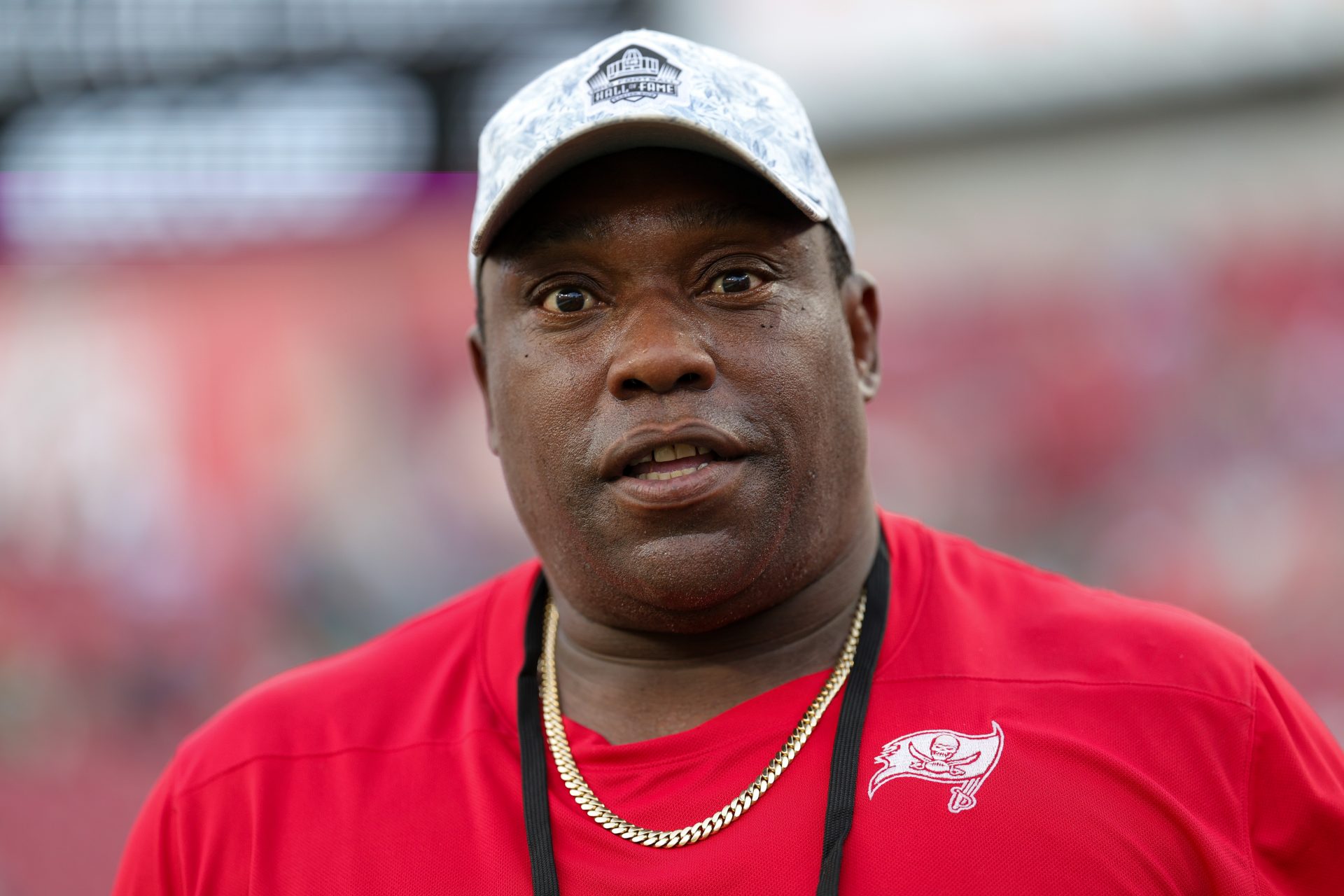 Sep 25, 2023; Tampa, Florida, USA; former Tampa Bay Buccaneers Warren Sapp looks on from the sidelines before a game against the Philadelphia Eagles at Raymond James Stadium. Mandatory Credit: Nathan Ray Seebeck-USA TODAY Sports
