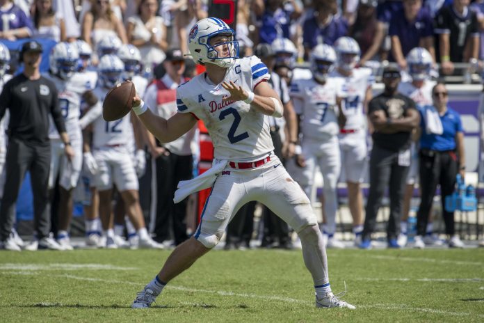 Sep 23, 2023; Fort Worth, Texas, USA; SMU Mustangs quarterback Preston Stone (2) in action during the game between the TCU Horned Frogs and the SMU Mustangs at Amon G. Carter Stadium. Mandatory Credit: Jerome Miron-USA TODAY Sports