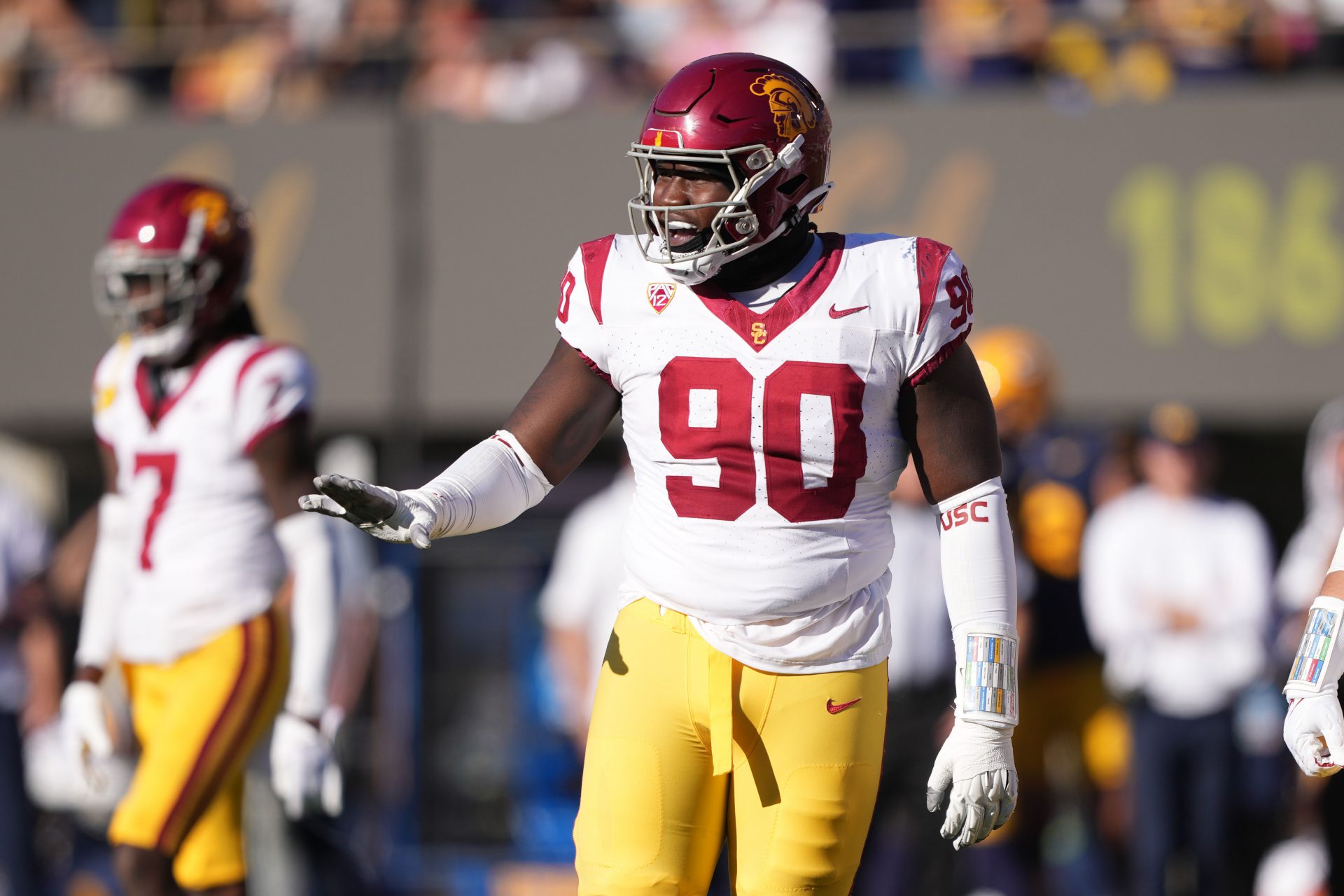 Oct 28, 2023; Berkeley, California, USA; USC Trojans defensive lineman Bear Alexander (90) gestures during the third quarter against the California Golden Bears at California Memorial Stadium. Mandatory Credit: Darren Yamashita-USA TODAY Sports