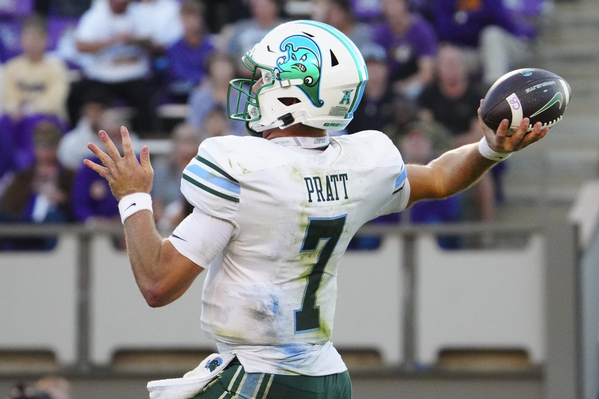 Nov 4, 2023; Greenville, North Carolina, USA; Tulane Green Wave quarterback Michael Pratt (7) throws the ball against the East Carolina Pirates during the second half at Dowdy-Ficklen Stadium. Mandatory Credit: James Guillory-USA TODAY Sports