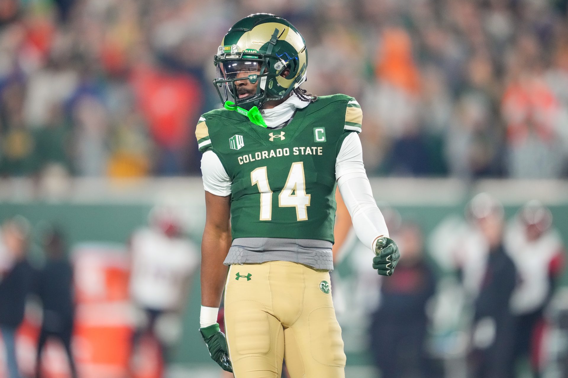 Nov 11, 2023; Fort Collins, Colorado, USA; Colorado State Rams wide receiver Tory Horton (14) reacts to a call during the second quarter against the San Diego State Aztecs at Sonny Lubick Field at Canvas Stadium. Mandatory Credit: Andrew Wevers-USA TODAY Sports