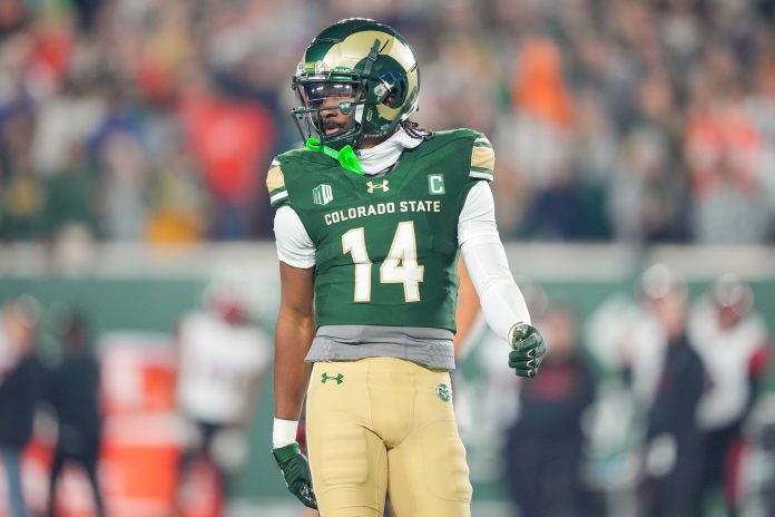 Nov 11, 2023; Fort Collins, Colorado, USA; Colorado State Rams wide receiver Tory Horton (14) reacts to a call during the second quarter against the San Diego State Aztecs at Sonny Lubick Field at Canvas Stadium. Mandatory Credit: Andrew Wevers-USA TODAY Sports