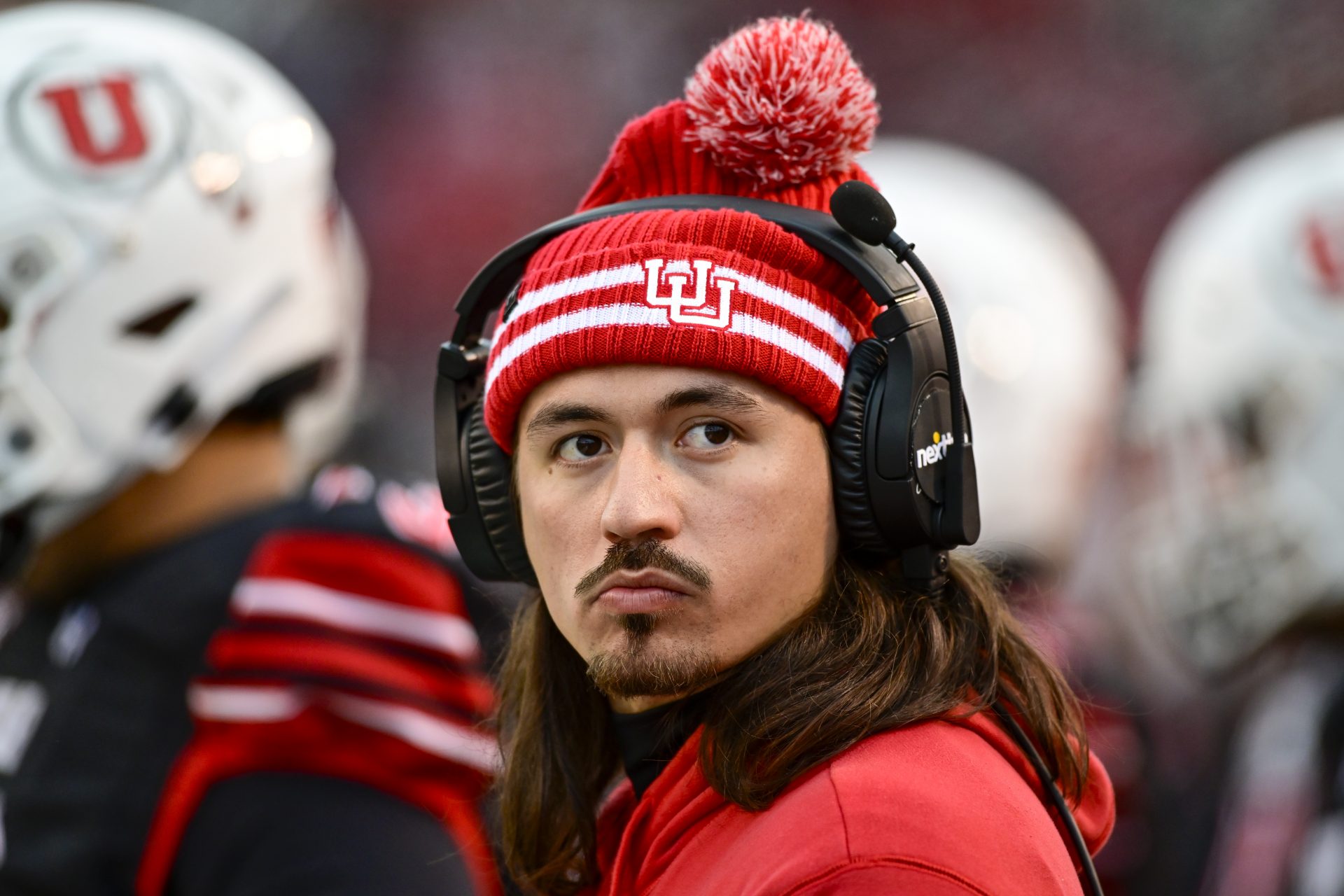 Nov 25, 2023; Salt Lake City, Utah, USA; Utah Utes quarterback Cameron Rising (7) on the sidelines against the Colorado Buffaloes at Rice-Eccles Stadium. Mandatory Credit: Christopher Creveling-USA TODAY Sports