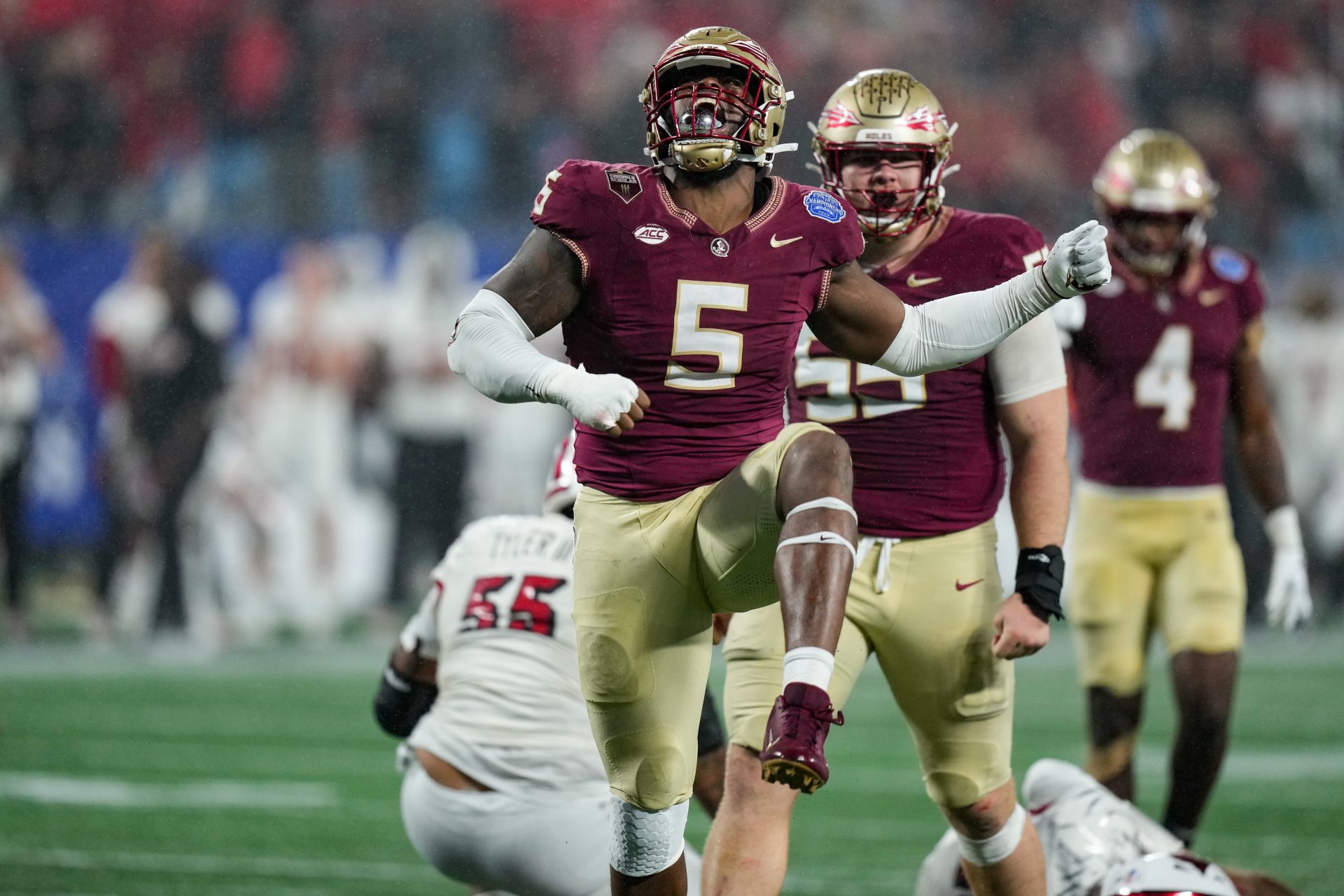 Dec 2, 2023; Charlotte, NC, USA; Florida State Seminoles defensive lineman Jared Verse (5) reacts during the fourth quarter against the Louisville Cardinals at Bank of America Stadium. Mandatory Credit: Jim Dedmon-USA TODAY Sports