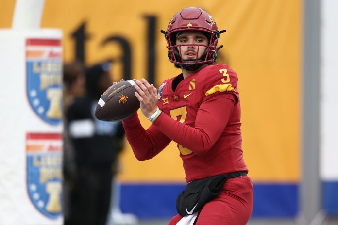 Dec 29, 2023; Memphis, TN, USA; Iowa State Cyclones quarterback Rocco Becht (3) passes the ball during warm ups prior to the game against the Memphis Tigers at Simmons Bank Liberty Stadium. Mandatory Credit: Petre Thomas-USA TODAY Sports