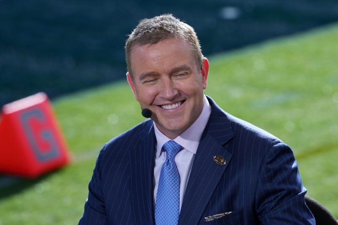 Jan 1, 2024; Pasadena, CA, USA; Kirk Herbstreit on the ESPN College Gameday set at the 2024 Rose Bowl college football playoff semifinal game at Rose Bowl. Mandatory Credit: Kirby Lee-USA TODAY Sports