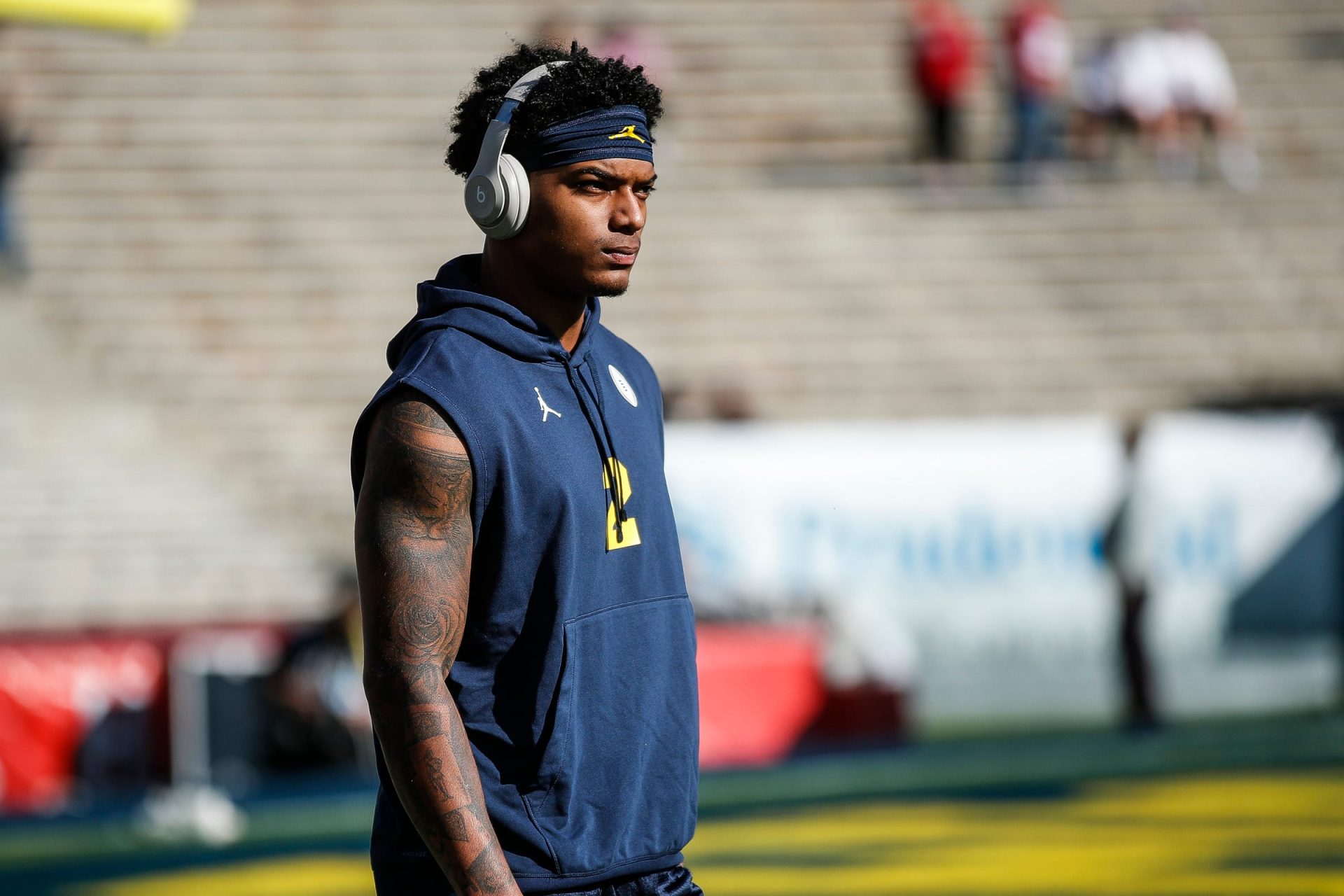 Michigan defensive back Will Johnson warms up before the Alabama game at Rose Bowl Stadium in Pasadena, California. on Monday, Jan. 1, 2024.