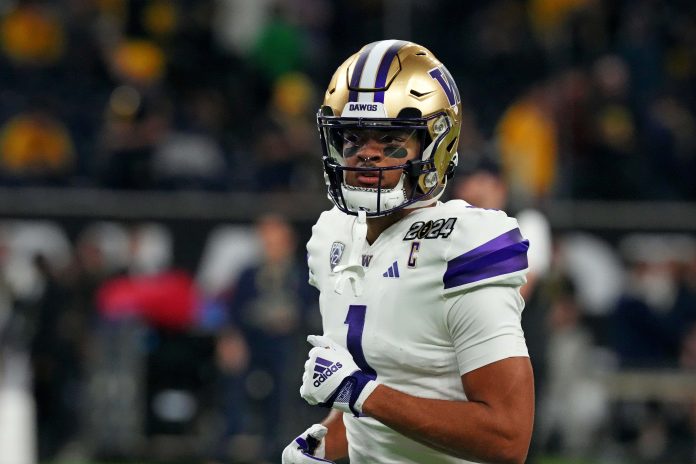 Jan 8, 2024; Houston, TX, USA; Washington Huskies wide receiver Rome Odunze (1) warms up before playing against the Michigan Wolverines in the 2024 College Football Playoff national championship game at NRG Stadium. Mandatory Credit: Kirby Lee-USA TODAY Sports