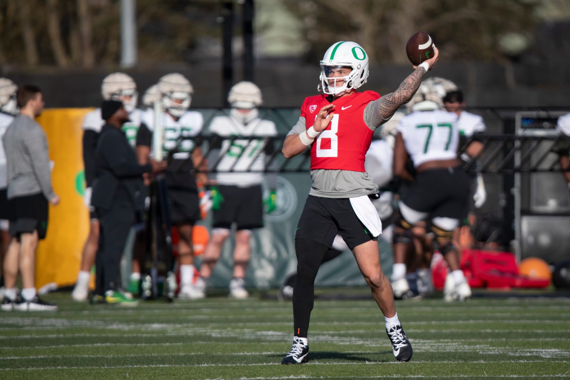 Oregon quarterback Dillon Gabriel throws out a pass during spring camp for the Oregon Ducks Thursday, March 14, 2024.