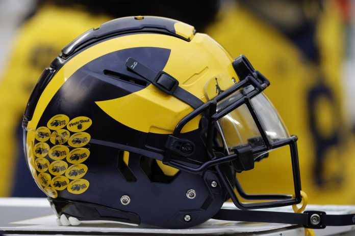 Michigan Wolverines helmet on the sideline during the Spring Game at Michigan Stadium.