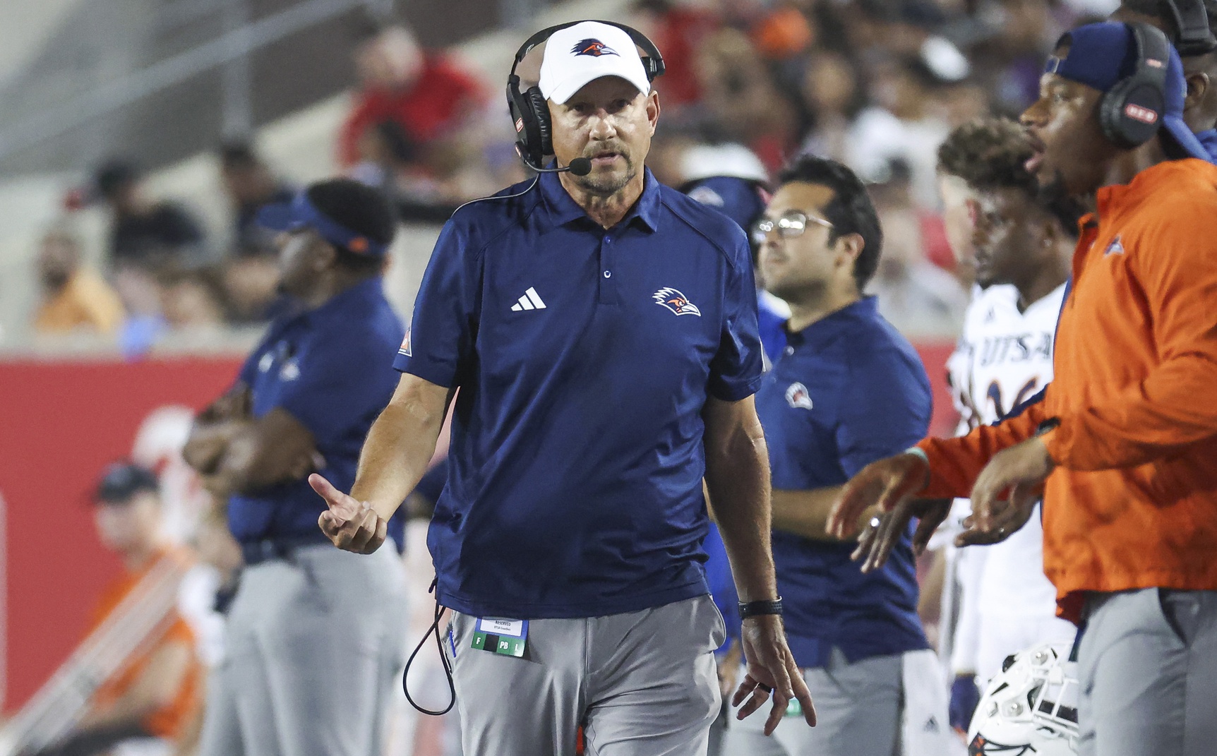 UTSA Roadrunners head coach Jeff Traylor reacts after a play during the third quarter against the Houston Cougars at TDECU Stadium.