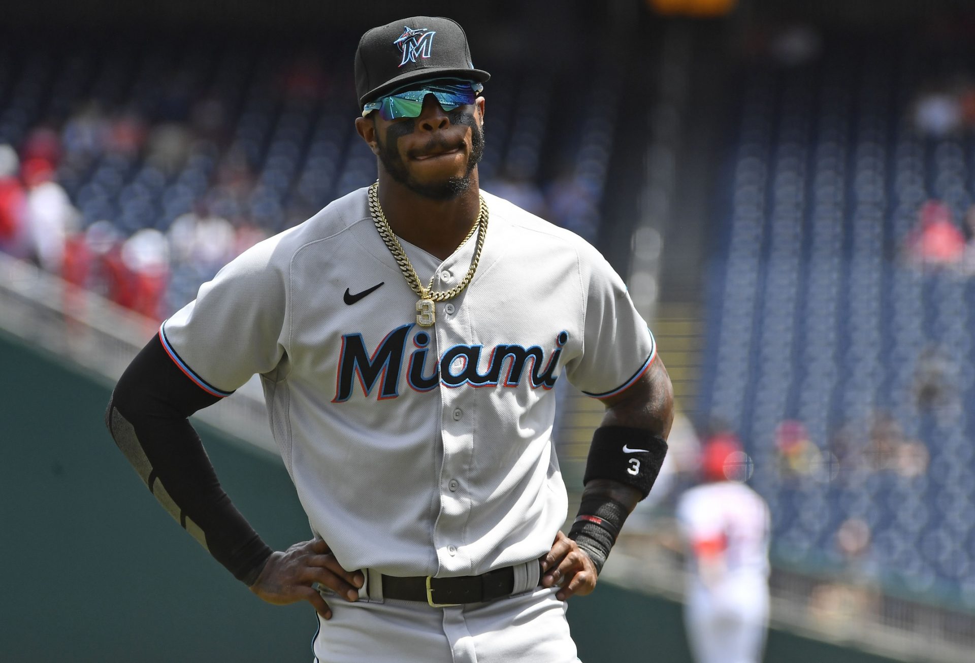 Miami Marlins center fielder Monte Harrison (3) on the field before the game against the Washington Nationals at Nationals Park.