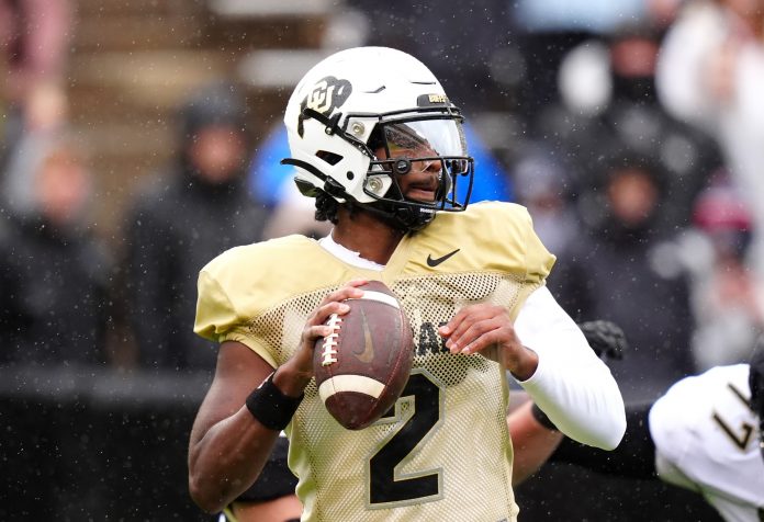Colorado Buffaloes quarterback Shedeur Sanders (2) during a spring game event at Folsom Field.