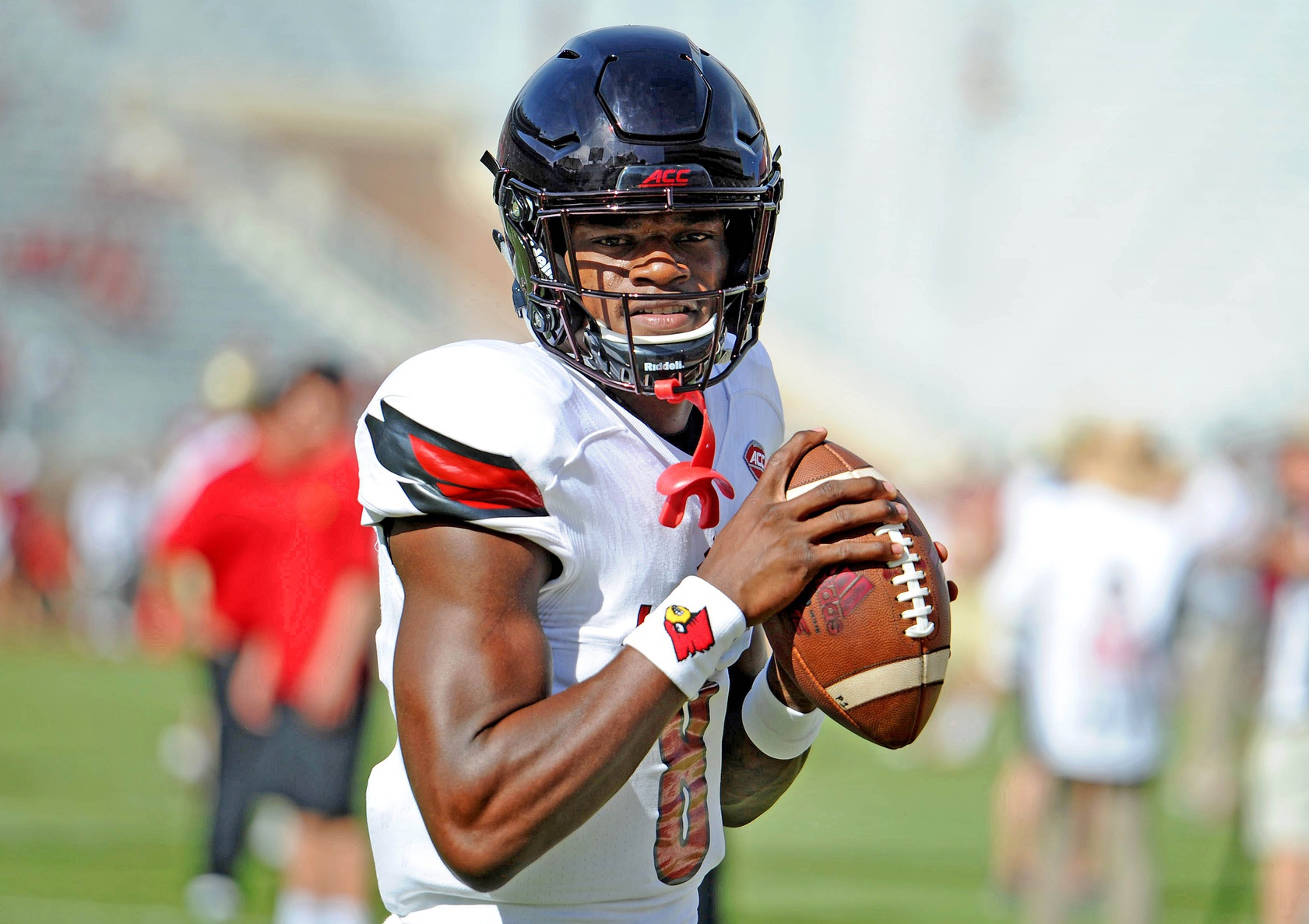 Louisville Cardinals quarterback Lamar Jackson (8) warms up before the game against the Florida State Seminoles before the game at Doak Campbell Stadium.