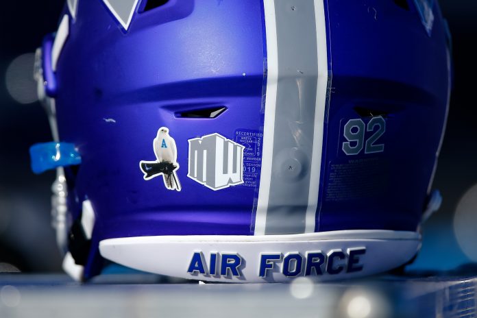 Nov 30, 2019; Colorado Springs, CO, USA; A sticker on the back of an Air Force Falcons helmet pays tribute to Aurora the falcon who was the longest-serving live mascot in the history of the Air Force Academy. Mandatory Credit: Isaiah J. Downing-USA TODAY Sports