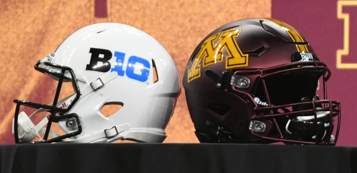 Jul 22, 2021; Indianapolis, Indiana, USA; A general view of a Big 10 and Minnesota Golden Gophers helmet on display during Big 10 media days at Lucas Oil Stadium. Mandatory Credit: Robert Goddin-USA TODAY Sports