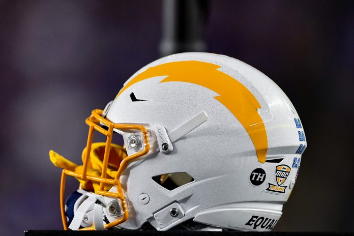 Sep 4, 2021; College Station, Texas, USA; Kent State Golden Flashes helmet on the sideline during the second quarter against the Texas A&M Aggies at Kyle Field. Mandatory Credit: Maria Lysaker-USA TODAY Sports