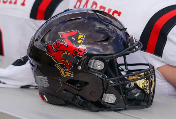 Sep 18, 2021; Laramie, Wyoming, USA; A general view of a Ball State Cardinals helmet during game against the Wyoming Cowboys at Jonah Field at War Memorial Stadium. Mandatory Credit: Troy Babbitt-USA TODAY Sports
