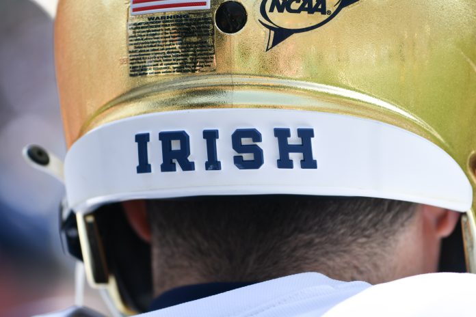 Apr 23, 2022; Notre Dame, Indiana, USA; A detail of the Notre Dame Fighting Irish helmet during warmups of the Blue-Gold Game at Notre Dame Stadium. Mandatory Credit: Matt Cashore-USA TODAY Sports