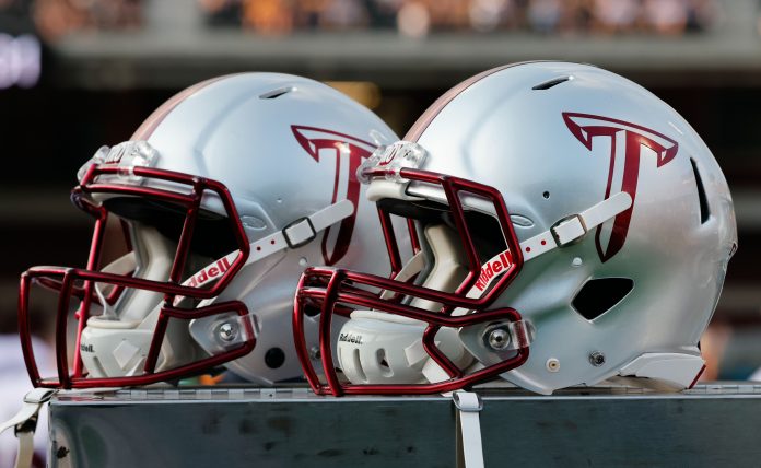 Sep 17, 2022; Boone, North Carolina, USA; Troy Trojans helmets on the sidelines during the second half against the Appalachian State Mountaineers at Kidd Brewer Stadium. Mandatory Credit: Reinhold Matay-USA TODAY Sports