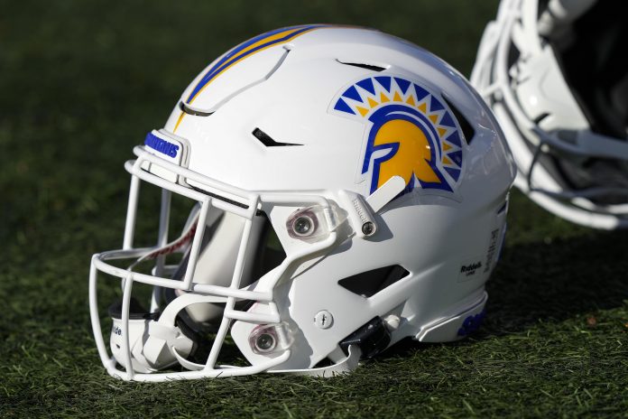 Oct 1, 2022; Laramie, Wyoming, USA; A general view of San Jose State Spartans helmet before a game against the Wyoming Cowboys at Jonah Field at War Memorial Stadium. Mandatory Credit: Troy Babbitt-USA TODAY Sports