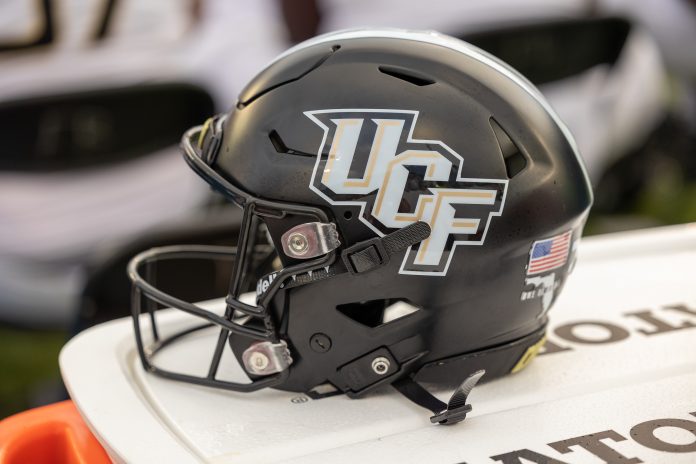 Dec 3, 2022; New Orleans, Louisiana, USA; General view of the UCF Knights helmet against the Tulane Green Wave during the first half at Yulman Stadium. Mandatory Credit: Stephen Lew-USA TODAY Sports