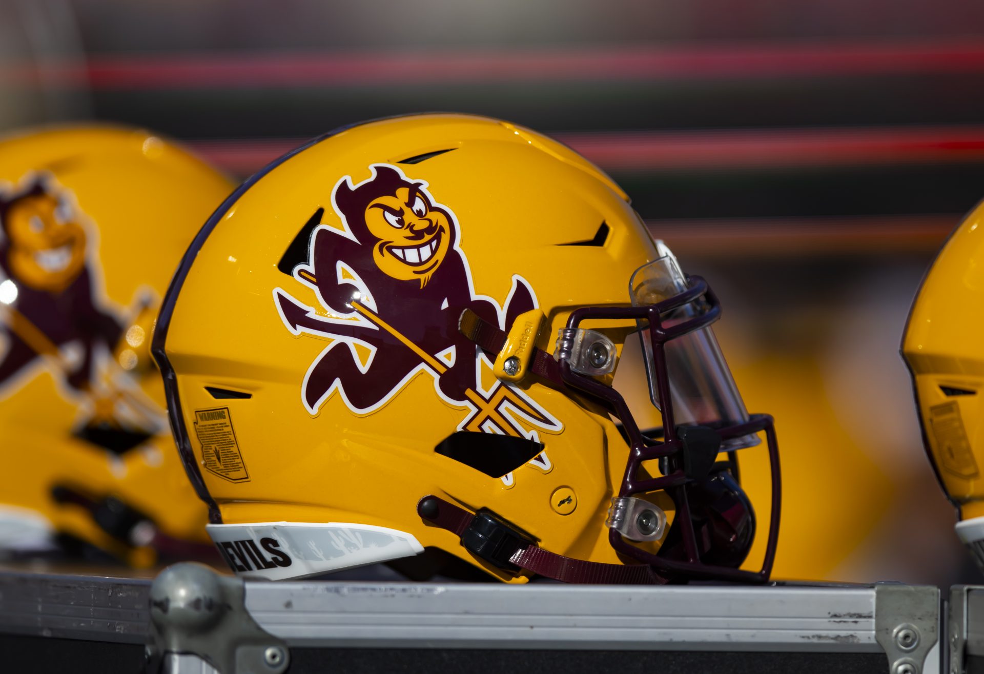 Nov 25, 2022; Tucson, Arizona, USA; Detailed view of an Arizona State Sun Devils helmet during the Territorial Cup at Arizona Stadium. Mandatory Credit: Mark J. Rebilas-USA TODAY Sports