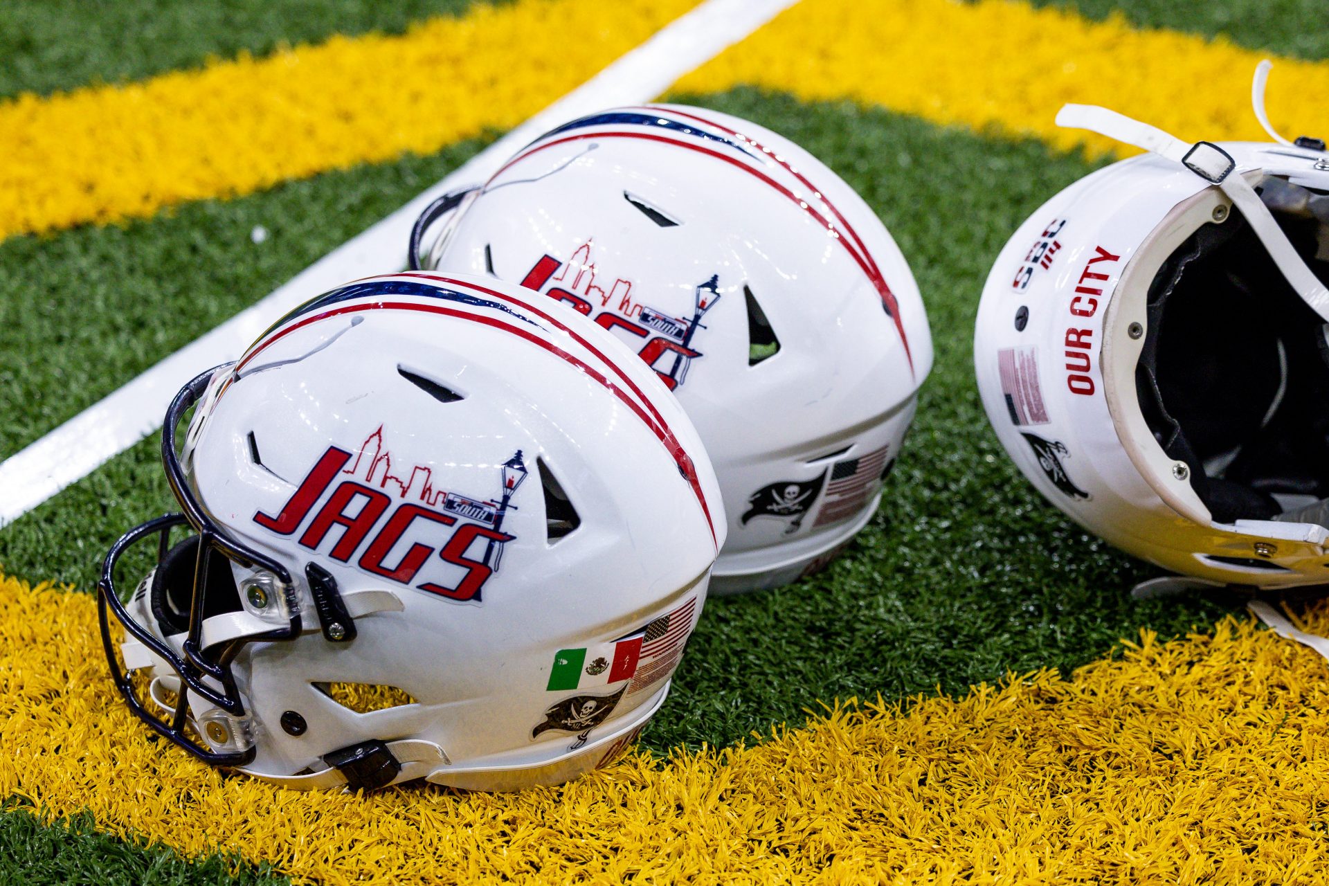 Dec 21, 2022; New Orleans, Louisiana, USA; General view of the South Alabama Jaguars helmets against the Western Kentucky Hilltoppers during the first half at Caesars Superdome. Mandatory Credit: Stephen Lew-USA TODAY Sports