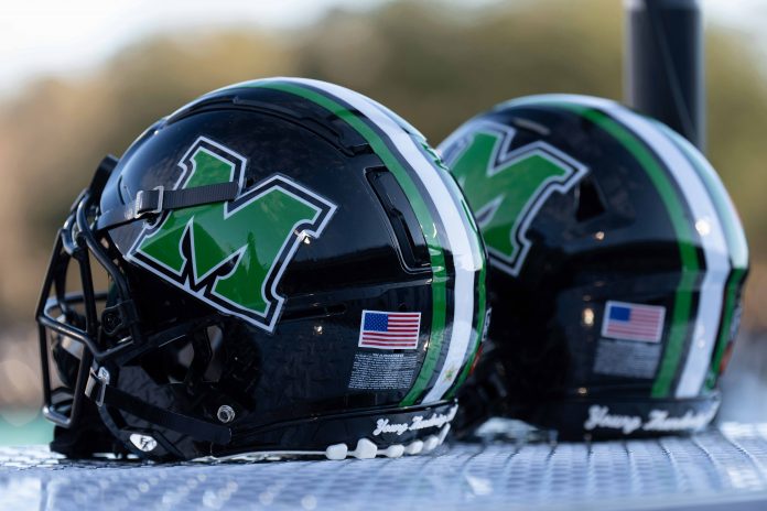 Dec 19, 2022; Conway, South Carolina, USA; A general view of two Marshall Thundering Herd helmets in the first half against the Connecticut Huskies at Brooks Stadium. Mandatory Credit: David Yeazell-USA TODAY Sports