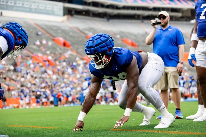 Florida Gators inside linebacker Mannie Nunnery (34) lines up before the start of a drill during fall football practice at Ben Hill Griffin Stadium at the University of Florida in Gainesville, FL on Saturday, August 5, 2023. [Matt Pendleton/Gainesville Sun]