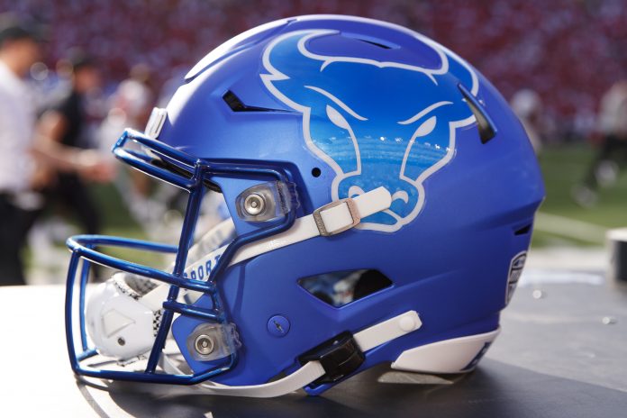 Sep 2, 2023; Madison, Wisconsin, USA; A Buffalo Bulls helmet sits on the sidelines during the game against the Wisconsin Badgers at Camp Randall Stadium. Mandatory Credit: Jeff Hanisch-USA TODAY Sports