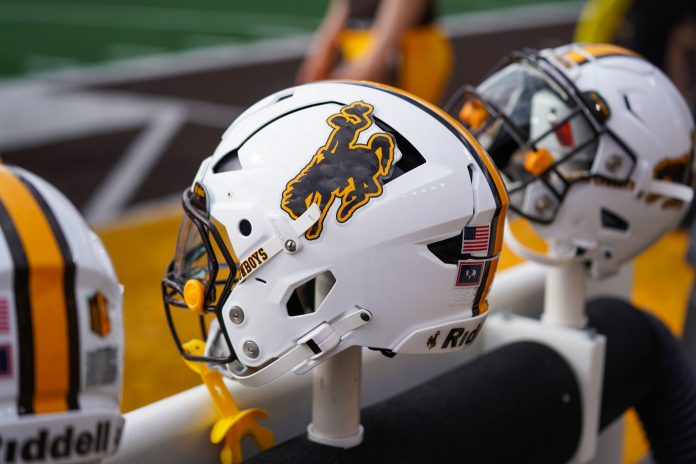 Sep 9, 2023; Laramie, Wyoming, USA; A general view of the Wyoming Cowboys helmet against the Portland State Vikings during the third quarter at Jonah Field at War Memorial Stadium. Mandatory Credit: Troy Babbitt-USA TODAY Sports