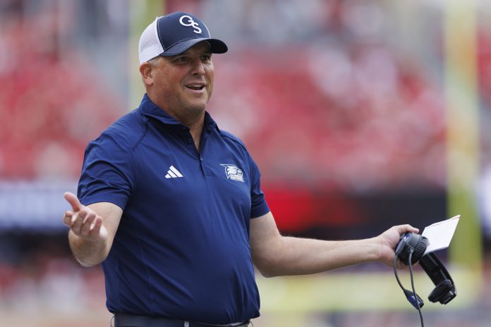 Sep 16, 2023; Madison, Wisconsin, USA; Georgia Southern Eagles head coach Clay Helton reacts to a call during the third quarter against the Wisconsin Badgers at Camp Randall Stadium. Mandatory Credit: Jeff Hanisch-USA TODAY Sports